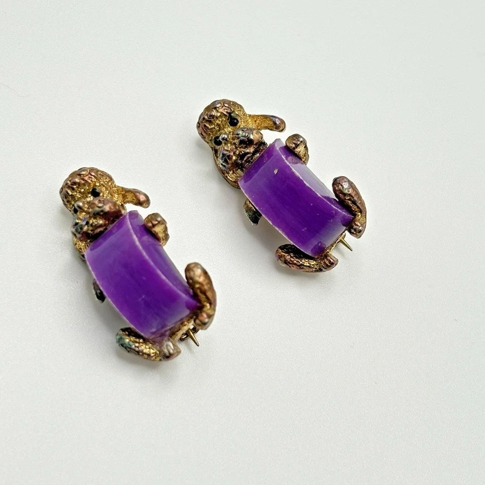 Vintage Dog Brooches Pins Lucite Purple Poodles